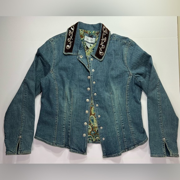 Christopher & Banks Denim Jacket w/ Velvet/Sequin Trim - dark wash/paisley, XL - Picture 1 of 8